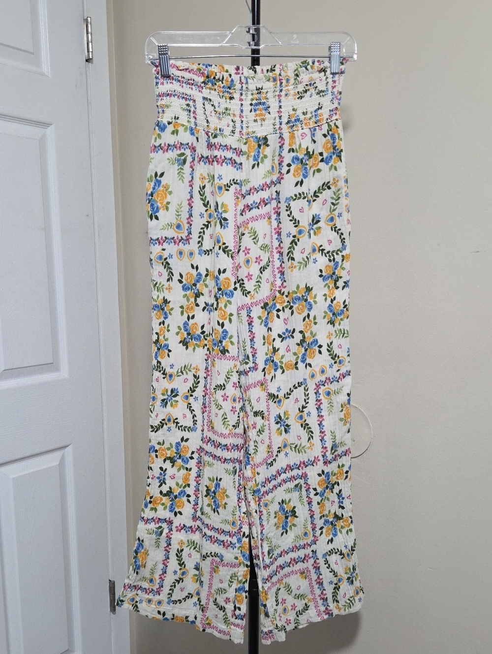 CAbi White Multi Floral Smocked-Waist Wide-Leg Jumpsuit